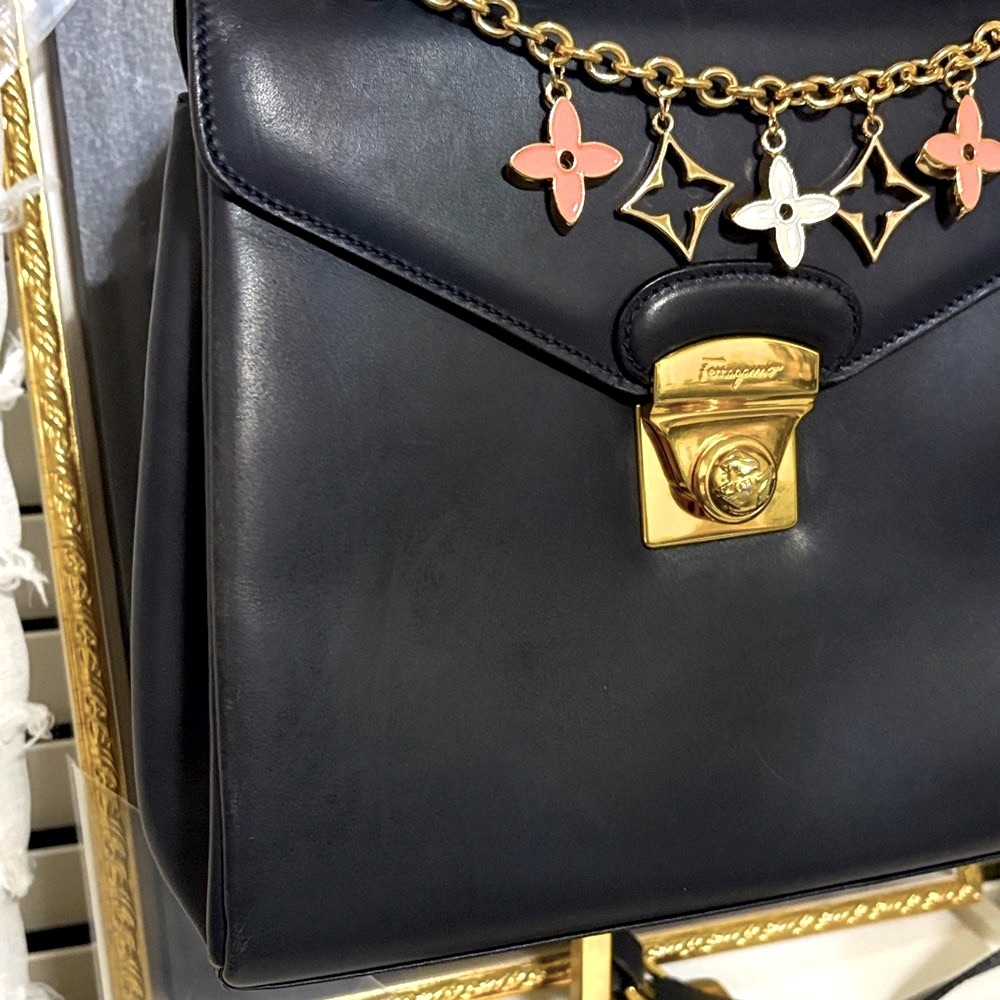 EUC Ferragamo Elegant Black Leather Handbag with Gold Accents - Picture 4 of 16